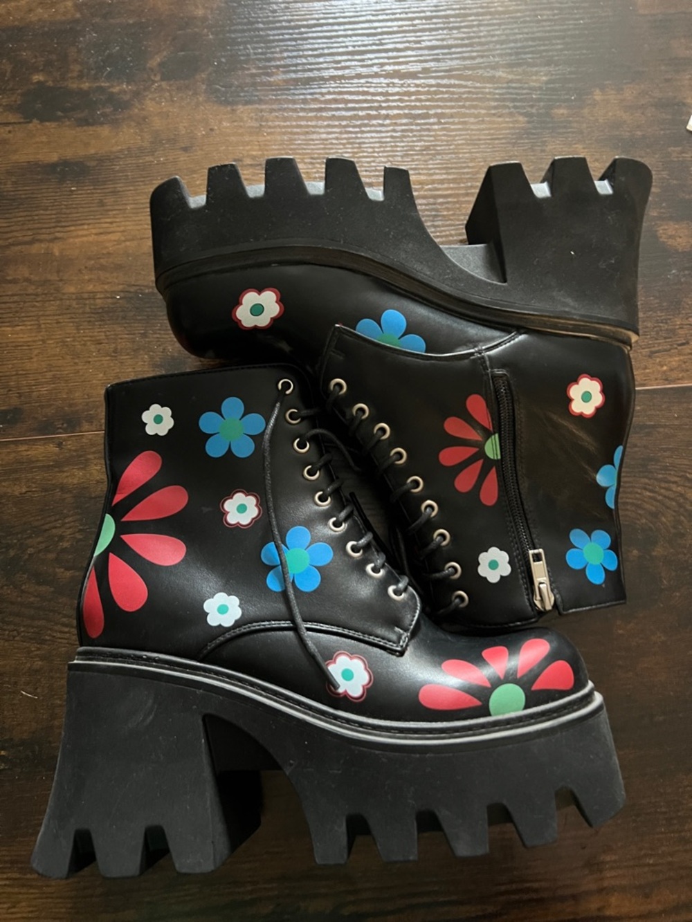 Chunky Floral Platform Lace-Up Ankle Boots - Black